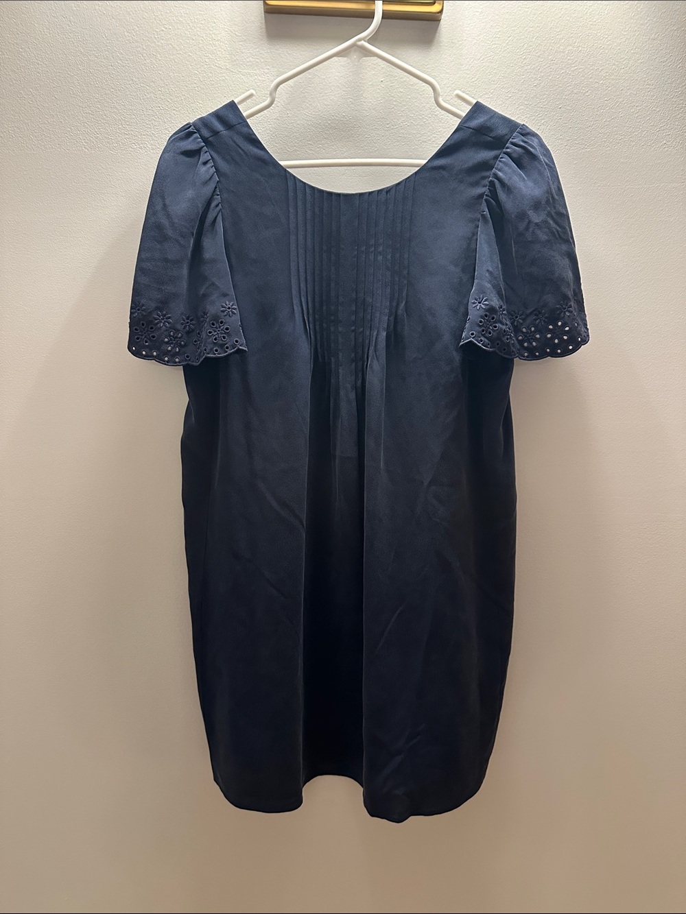 Sezane Navy Pintuck Dress with Eyelet Sleeves